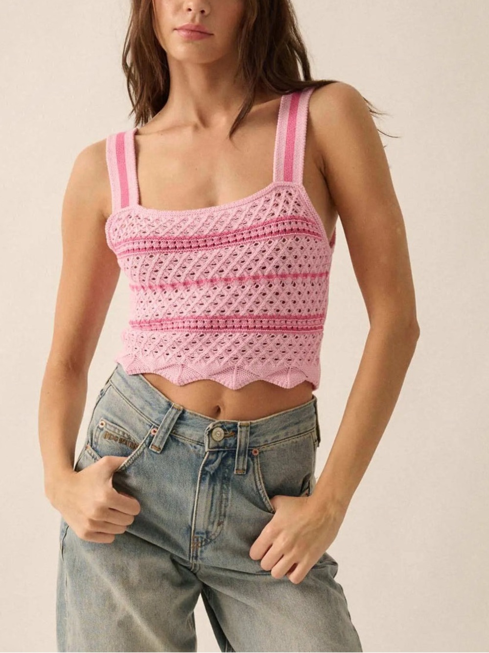 Promesa NWOT Cali Calling Pink Crochet Knit Striped Tank Semi Crop Feminine Tank